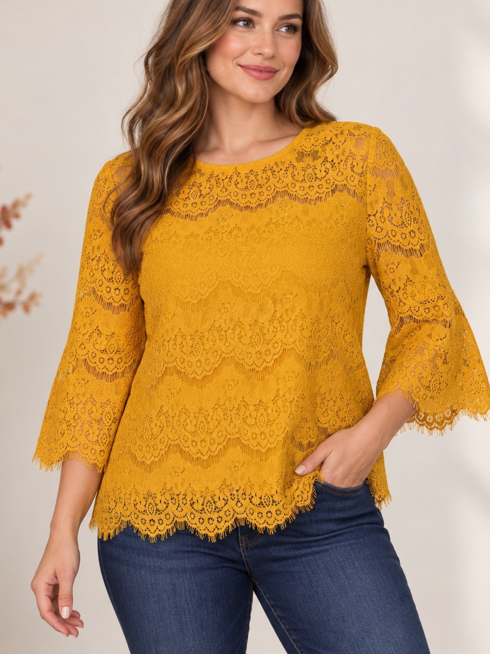 Monteau Mustard Yellow Floral Lace Blouse Size XL Bell Sleeve Boho